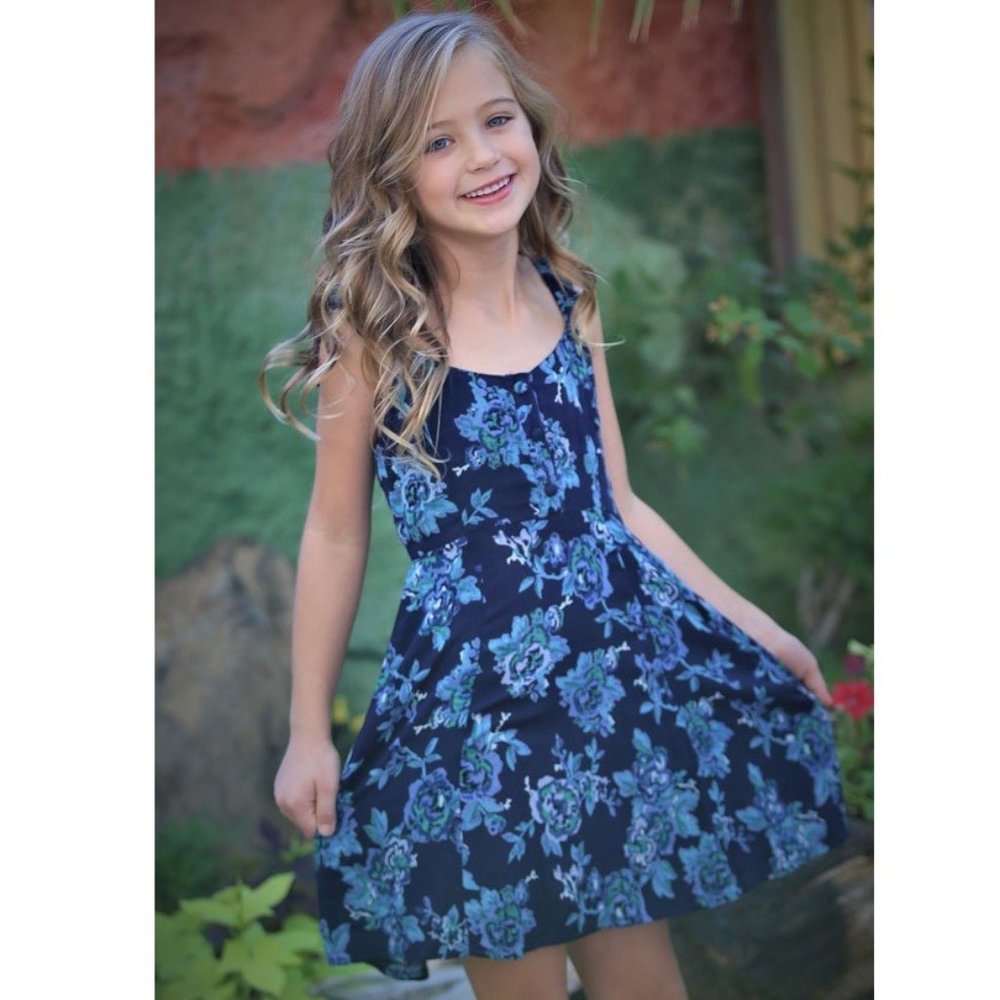 Floral Ruffle Sleeve Strap Dress Girls Blue Casual